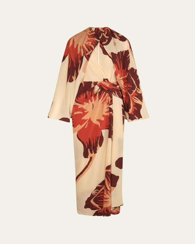 Odyssey Floral Silk Draped Long-Sleeve Ankle Dress